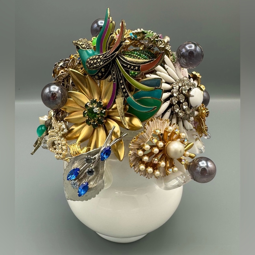 Handcrafted Vintage Jewelry Brooch Bouquet – Repurposed MCM Floral Sculpture